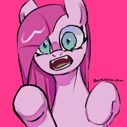 Size: 4096x4096 | Tagged: safe, artist:metaruscarlet, derpibooru import, pinkie pie, earth pony, pony, g4, looking at you, open mouth, pink background, pinkamena diane pie, raised hoof, raised leg, simple background, solo