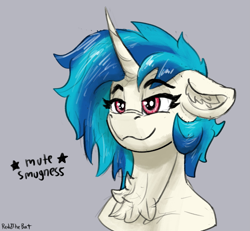 Size: 1661x1536 | Tagged: safe, artist:reddthebat, derpibooru import, dj pon-3, vinyl scratch, pony, unicorn, :3, chest fluff, ear fluff, ears, female, gray background, horn, mare, simple background, smug, solo