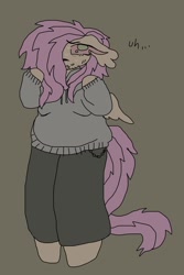 Size: 800x1200 | Tagged: safe, artist:larvaecandy, derpibooru import, fluttershy, anthro, pegasus, unguligrade anthro, alternate eye color, big eyes, chains, chubby, clothes, colored, colored sclera, ear fluff, ears, eyebrows, eyebrows visible through hair, eyelashes, facial hair, fat, fattershy, flat colors, floppy ears, green eyes, hair over one eye, long mane, long tail, looking back, nervous, no catchlights, no pupils, pants, pink sclera, raised hooves, slightly desaturated, small wings, solo, spiky mane, spiky tail, spread wings, standing, stubble, sweat, sweatpants, sweatshirt, tail, text, wingding eyes, wings, yellow coat