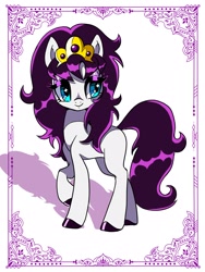 Size: 1200x1600 | Tagged: safe, artist:stacy_165cut, derpibooru import, pony, abstract background, alternate mane color, alternate tail color, bangs, barely pony related, big eyes, black hooves, blank flank, blue eyes, border, colored hooves, crown, eyelashes, eyeshadow, facing you, female, filigree, hooves, horn, ico the brave little horse, jewelry, long mane, long tail, looking back, makeup, mare, patterned background, pink eyeshadow, preciosa, raised hoof, raised leg, regalia, shiny eyelashes, shiny hooves, shiny mane, shiny tail, smiling, solo, sparkly eyes, standing, standing on three hooves, tail, tiara, updo, white coat, wingding eyes