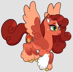 Size: 1008x994 | Tagged: safe, artist:lainseii, derpibooru import, part of a set, pegasus, pony, cloven hooves, coat markings, colored belly, colored ear fluff, colored eyebrows, colored eyelashes, colored hooves, colored pupils, colored wings, colored wingtips, countershading, curly hair, curly mane, curly tail, ear fluff, ear piercing, earring, ears, eye clipping through hair, eyelashes, facial markings, female, flying, freckles, gradient legs, gray background, green eyes, green pupils, helix piercing, hooves, jewelry, leg markings, long mane, long tail, mare, mismatched hooves, multicolored hooves, open mouth, open smile, orange coat, orange wingtips, pale belly, piercing, ponified, red eyelashes, red mane, red tail, shiny mane, shiny tail, simple background, small hooves, smiling, socks (coat marking), solo, species swap, spread wings, squirrelflight, star (coat marking), tail, three quarter view, torn ear, two toned wings, wall of tags, warrior cats, wings