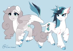 Size: 1862x1300 | Tagged: safe, artist:lainseii, derpibooru import, part of a set, classical unicorn, pegasus, pony, unicorn, bangs, battle scarred, big ears, blue background, blue eyes, blue hooves, body scar, cloven hooves, coat markings, colored belly, colored eyebrows, colored pinnae, colored wings, colored wingtips, concave belly, countershading, curly hair, curly mane, curly tail, dovewing, duo, duo female, ear fluff, ear piercing, earring, ears, eye clipping through hair, eye markings, eye scar, eyebrows, eyebrows visible through hair, eyelashes, facial scar, female, fetlock tuft, frown, gray coat, gray mane, gray tail, horn, ivypool, jewelry, leg markings, leg scar, leonine tail, long mane, long tail, mare, narrowed eyes, pale belly, partially open wings, physique difference, piercing, ponified, raised hoof, raised hooves, raised leg, scar, shiny mane, shiny tail, siblings, signature, simple background, sisters, slender, smiling, socks (coat marking), species swap, spiky mane, spiky tail, standing on three hooves, tail, text, thin, three toned mane, three toned tail, torn ear, two toned eyes, two toned wings, unshorn fetlocks, wall of tags, warrior cats, white belly, white coat, white wingtips, wings