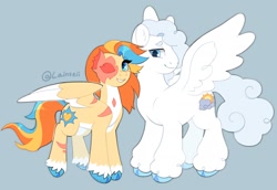 Size: 2138x1468 | Tagged: safe, artist:lainseii, derpibooru import, part of a set, pegasus, pony, blue background, blue eyes, blue hooves, body scar, brightheart, cloudtail, cloven hooves, colored belly, colored eyebrows, colored fetlocks, colored hooves, colored wings, colored wingtips, curly hair, curly mane, curly tail, duo, duo male and female, ear fluff, ears, eye scar, eyebrows, eyebrows visible through hair, eyelashes, facial scar, female, gray mane, gray tail, height difference, hooves, leg scar, lidded eyes, long mane, long mane male, long tail, looking at someone, looking back, male, mare, missing eye, non-mlp shipping, pale belly, partially open wings, physique difference, ponified, profile, scar, shiny mane, shiny tail, signature, simple background, smiling, species swap, spread wings, stallion, standing, straight, tail, text, three quarter view, three toned mane, three toned tail, torn ear, two toned wings, unshorn fetlocks, wall of tags, warrior cats, white belly, white coat, white wingtips, wing scar, wings, yellow coat