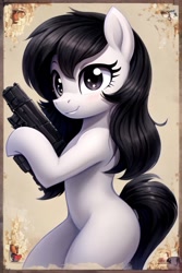 Size: 512x768 | Tagged: safe, ai content, derpibooru import, machine learning assisted, machine learning generated, oc, oc only, oc:midnight pearl, earth pony, female, gun, mare, solo, weapon