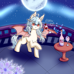 Size: 4096x4096 | Tagged: safe, artist:dw_atias, derpibooru import, oc, oc only, oc:noya, bat pony, bottle, ear fluff, ears, female, glass, moon, solo, wine bottle, wine glass