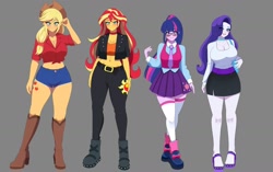 Size: 1600x1002 | Tagged: safe, artist:masterdestroyzj, derpibooru import, applejack, rarity, sci-twi, sunset shimmer, twilight sparkle, human, equestria girls, g4, applerack, big breasts, boots, breasts, choker, cleavage, clothes, cowboy boots, cutie mark on clothes, cutie mark on equestria girl, female, front knot midriff, gray background, group, midriff, miniskirt, necktie, quartet, raritits, shirt, shoes, shorts, simple background, skirt, stockings, thigh highs, vest