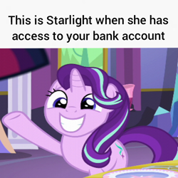 Size: 720x720 | Tagged: safe, artist:trrrebleee, derpibooru import, edit, edited screencap, screencap, starlight glimmer, unicorn, g4, no second prances, caption, horn, meme, smiling, solo, text, twilight's castle