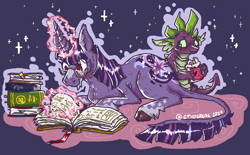 Size: 1184x736 | Tagged: safe, artist:spiiderdog, derpibooru import, spike, twilight sparkle, unicorn twilight, classical unicorn, dragon, pony, unicorn, g4, book, chocolate, cloven hooves, duo, duo male and female, female, food, glasses, glowing, glowing horn, horn, hot chocolate, leonine tail, magic, male, mare, mug, purple background, reading, signature, simple background, sparkles, telekinesis, unshorn fetlocks, whipped cream, wingless spike