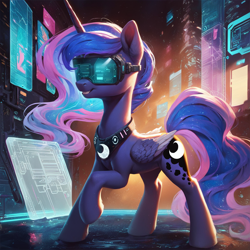 Size: 1216x1216 | Tagged: safe, ai content, derpibooru import, generator:pony diffusion v6 xl, generator:stable diffusion, machine learning generated, princess luna, alicorn, g4, cyberpunk, dream, full body, hologram, horn, prompter:star-dragon, solo, virtual, virtual reality, visor, vr headset, wings