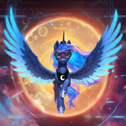 Size: 1216x1216 | Tagged: safe, ai content, derpibooru import, generator:pony diffusion v6 xl, generator:stable diffusion, machine learning generated, princess luna, alicorn, g4, cyberpunk, dream, full body, hologram, horn, prompter:star-dragon, solo, spread wings, virtual, virtual reality, visor, wings