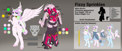 Size: 4096x1696 | Tagged: safe, artist:soundwavedragon, derpibooru import, oc, oc only, oc:fizzy sprinkles, alicorn, anthro, digitigrade anthro, alicorn wings, bedroom eyes, bell, bow, charm, clothes, collar, crossdressing, curly hair, curly mane, cutie mark, digital art, disembodied tongue, dress, ears, ears back, equal cutie mark, eyelashes, eyeshadow, feathered fetlocks, featureless crotch, femboy, feminine stallion, fingernails, fins, floppy ears, freckles, frilly underwear, garter belt, garter belt leggings, garter straps, girly, gradient background, green magic, hair bow, hair ribbon, hammer, hand, heart, heart charm, heart collar, height difference, hooves, horn, humanoid torso, jingle bells, light, lingerie, long hair, long mane, lore, makeup, male, mercenary insignia, panties, pretender, reference sheet, ribbon, scale, seat, sharp horn, sharp nails, skirt, sleepwear, socks, solo, stallion, stolen cutie marks, strapless, strapless dress, swirly pole, tail, tail bow, tassels, thigh highs, thighs, thong, tires, tongue, tongue out, transformers, trap, underwear, visor, wide hips, wings