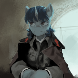 Size: 2000x2000 | Tagged: safe, artist:egil, derpibooru import, oc, oc only, oc:starry night (eaw), pony, unicorn, equestria at war mod, bags under eyes, clothes, coat, female, horn, mare, painting, solo, uniform