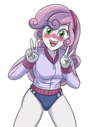 Size: 1424x2048 | Tagged: safe, artist:sumin6301, derpibooru import, sweetie belle, human, equestria girls, g4, blushing, breasts, buruma, clothes, double peace sign, eyebrows, eyebrows visible through hair, female, hairband, jacket, legs, long sleeves, looking at you, older, older sweetie belle, open mouth, open smile, peace sign, simple background, smiling, smiling at you, solo, sweetie boobs, white background