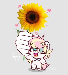 Size: 707x774 | Tagged: safe, artist:cr1nge228kek, derpibooru import, oc, oc only, oc:ninny, pegasus, semi-anthro, bowtie, cute, female, flower, gray background, heterochromia, looking at you, mare, meme, necktie, simple background, solo, sunflower