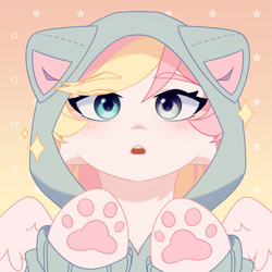 Size: 1977x1977 | Tagged: safe, artist:floweryoutoday, derpibooru import, oc, oc only, oc:ninny, pegasus, blushing, bowtie, clothes, cute, female, gradient background, heterochromia, hoodie, looking at you, mare, necktie, solo