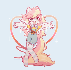 Size: 2000x1968 | Tagged: safe, artist:auroracursed, derpibooru import, oc, oc only, oc:ninny, anthro, pegasus, blushing, bowtie, clothes, female, heterochromia, looking at you, necktie, overalls, socks, solo, spread wings, striped socks, wings