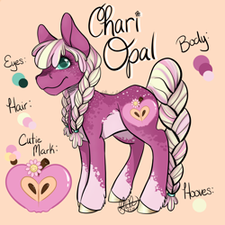 Size: 4096x4096 | Tagged: safe, artist:g-jnotes, derpibooru import, oc, oc only, oc:chari opal, earth pony, pony, body freckles, braid, braided pigtails, braided tail, colored belly, colored pupils, female, freckles, mare, name, offspring, orange background, parent:big macintosh, parent:cheerilee, parents:cheerimac, pigtails, reference sheet, simple background, smiling, solo, tail