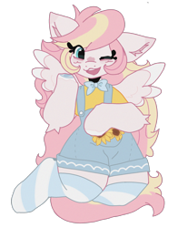 Size: 1804x2300 | Tagged: safe, artist:ninny, derpibooru import, oc, oc only, oc:ninny, pegasus, semi-anthro, blushing, bowtie, clothes, ears, female, floppy ears, kneeling, looking at you, mare, necktie, one eye closed, overalls, simple background, socks, solo, striped socks, transparent background, wink, winking at you