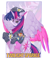 Size: 2328x2744 | Tagged: safe, artist:elk, artist:xinjinjumin461028308191, derpibooru import, twilight sparkle, twilight sparkle (alicorn), alicorn, pony, g4, abstract background, clothes, female, hat, jacket, mare, passepartout, solo, spread wings, sunglasses, wings