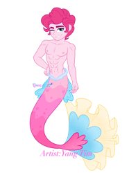 Size: 2300x3088 | Tagged: safe, artist:yang tim, derpibooru import, bubble berry, pinkie pie, mermaid, equestria girls, g4, abs, belly, belly button, equestria guys, male, muscles, muscular male, rule 63