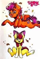 Size: 1469x2160 | Tagged: safe, artist:kion_draws, derpibooru import, apple bloom, scootaloo, earth pony, pegasus, pony, bandaid, female, filly, foal, grin, lying down, one eye closed, prone, sitting, smiling, traditional art, wink