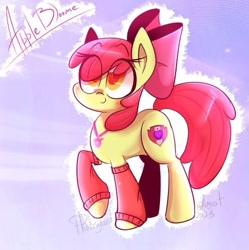 Size: 495x496 | Tagged: safe, artist:roksyant, derpibooru import, apple bloom, earth pony, pony, abstract background, clothes, female, filly, foal, jewelry, leg warmers, necklace, outline, solo, text, white outline