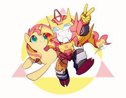 Size: 770x602 | Tagged: safe, artist:megarock, derpibooru import, idw, sunset shimmer, pony, robot, unicorn, g4, colored pupils, crossover, cute, cybertronian, female, horn, hot rod, male, mare, more than meets the eye, peace sign, rodimus, transformers