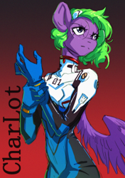 Size: 1748x2480 | Tagged: safe, artist:charlot, derpibooru import, oc, oc only, oc:charlot, anthro, pegasus, pony, anime, anthro oc, clothes, costume, crossover, glasses, gradient background, neon genesis evangelion, parody, pegasus oc, plugsuit, ponysona, shinji ikari, sketch, solo, wings