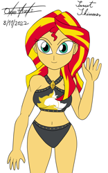 Size: 1000x1600 | Tagged: safe, artist:oscarcajilima, derpibooru import, sunset shimmer, human, equestria girls, g4, 2022, adorasexy, belly button, bikini, breasts, clothes, cute, female, looking at you, midriff, sexy, signature, simple background, smiling, smiling at you, solo, sunset jiggler, sunset shimmer swimsuit, sunset shimmer's beach shorts swimsuit, swimsuit, thighs, waving, waving at you, white background