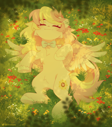 Size: 2000x2266 | Tagged: safe, artist:floweryoutoday, derpibooru import, oc, oc only, oc:ninny, pegasus, blushing, bowtie, chest fluff, detailed background, eyes closed, female, flower, grass, lying down, lying in grass, lying on the ground, mare, necktie, on ground, outdoors, solo