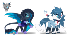 Size: 1280x629 | Tagged: safe, artist:dixieadopts, derpibooru import, oc, oc only, oc:blue paws, oc:midnight ace, hybrid, pony, duo, female, mare, simple background, transparent background