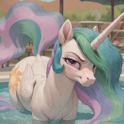 Size: 3072x3072 | Tagged: safe, ai content, derpibooru import, machine learning generated, princess celestia, alicorn, pony, blushing, female, looking at you, prompter:jasedward, seductive look, solo, swimming pool, water, wet, wet mane