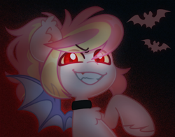 Size: 2966x2331 | Tagged: safe, artist:ninnydraws, derpibooru import, oc, oc only, oc:ninny, bat pony, blushing, bowtie, collar, female, gradient background, looking at you, mare, necktie, sharp teeth, solo, teeth