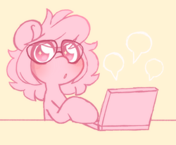 Size: 2511x2074 | Tagged: safe, artist:ninnydraws, derpibooru import, oc, oc only, oc:ninny, pegasus, blushing, bowtie, computer, female, glasses, laptop computer, mare, necktie, sketch, solo, wingding eyes