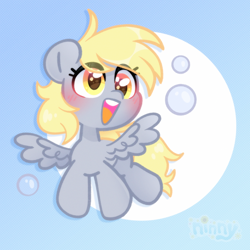 Size: 2056x2056 | Tagged: safe, artist:ninnydraws, derpibooru import, derpy hooves, pegasus, pony, blushing, chibi, cute, flying, gradient background, open mouth, open smile, smiling, solo, wingding eyes