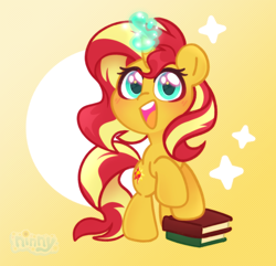 Size: 2252x2168 | Tagged: safe, artist:ninnydraws, derpibooru import, sunset shimmer, pony, unicorn, blushing, book, chibi, cute, female, glowing, glowing horn, gradient background, happy, horn, looking at you, magic, mare, open mouth, open smile, shimmerbetes, smiling, solo, wingding eyes