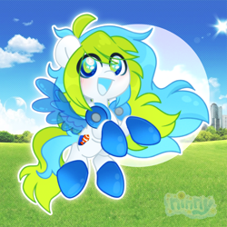 Size: 2480x2480 | Tagged: safe, artist:ninnydraws, derpibooru import, oc, oc only, oc:frutiger, aesthetics, blushing, clothes, female, flying, frutiger aero, headphones, looking at you, mare, see-through, solo, spread wings, wingding eyes, wings