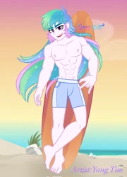 Size: 1475x2048 | Tagged: safe, artist:yang tim, derpibooru import, prince solaris, princess celestia, principal celestia, principal solaris, human, equestria girls, g4, abs, beach, equestria guys, looking at you, male, male nipples, muscles, muscular male, nipples, open mouth, open smile, pecs, rule 63, smiling, solo, surfboard