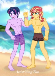 Size: 1486x2048 | Tagged: safe, artist:yang tim, derpibooru import, dusk shine, sunset glare, sunset shimmer, twilight sparkle, human, equestria girls, g4, abs, beach, blushing, duo, duo male, equestria guys, grin, male, male nipples, muscles, muscular male, nipples, open mouth, open smile, pecs, rule 63, smiling, solo, wrist grab