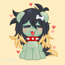 Size: 2410x2410 | Tagged: safe, artist:ninnydraws, derpibooru import, oc, oc only, pony, blushing, chibi, collar, cute, eyes closed, female, hair accessory, happy, heart, mare, sharp teeth, sitting, solo, spiked collar, teeth, tooth