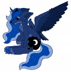 Size: 2015x2048 | Tagged: safe, artist:spookyfoxinc, derpibooru import, princess luna, alicorn, hybrid, wolf, wolf pony, g4, black sclera, chest fluff, crown, furrified, jewelry, large wings, regalia, simple background, solo, species swap, spread wings, white background, wings, wolfified