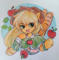 Size: 2985x3014 | Tagged: safe, artist:xinjinjumin193918007138, derpibooru import, applejack, anthro, earth pony, apple, bread, food, hat, hooves, open mouth, open smile, smiling, solo, traditional art