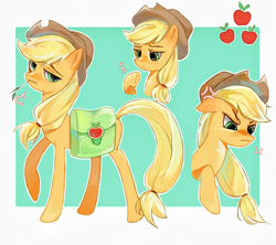 Size: 1024x910 | Tagged: safe, artist:xinjinjumin193918007138, derpibooru import, applejack, earth pony, pony, bag, bust, female, full body, mare, portrait, raised hoof, raised leg, solo, straw in mouth