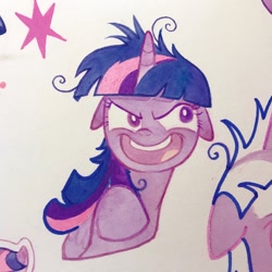 Size: 2160x2160 | Tagged: safe, artist:miss-aciturn, derpibooru import, twilight sparkle, twilight sparkle (alicorn), unicorn twilight, alicorn, pony, unicorn, g4, lesson zero, ears, female, floppy ears, horn, mare, marker drawing, open mouth, open smile, smiling, solo, traditional art, twilight snapple, twilight sparkle is best facemaker