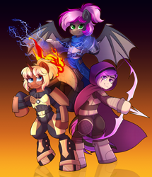 Size: 4000x4652 | Tagged: safe, artist:madelinne, derpibooru import, oc, oc only, bat pony, unicorn, clothes, female, fire, hammer, horn, magic, male, mare, stallion, trio