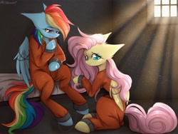 Size: 2048x1542 | Tagged: safe, artist:shinech9, derpibooru import, fluttershy, rainbow dash, bound wings, chains, clothes, commissioner:rainbowdash69, duo, duo female, dust motes, female, jail, jail cell, jumpsuit, never doubt rainbowdash69's involvement, prison, prison cell, prison outfit, prisoner, prisoner fs, prisoner rd, shackles, wings