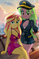 Size: 1342x2000 | Tagged: safe, artist:emeraldblast63, derpibooru import, lemon zest, sunset shimmer, human, unicorn, equestria girls, g4, 27 years old (girls), 28 years old (girls), adult, adult female, adult lemon zest, adult sunset, age difference, alternate hairstyle, bare shoulders, bedroom eyes, big breasts, breast size difference, breasts, busty lemon zest, captain zest, cleavage, clothes, curvy, dress, duo, duo female, eyeshadow, female, hat, horn, lens flare, long hair, looking at you, makeup, minidress, ocean, sexy, sitting, skirt, smiling, smiling at you, sparkles, standing, stupid sexy lemon zest, stupid sexy sunset shimmer, sunset, sunset jiggler, two toned hair, two toned hair (red and yellow), uniform, vacation, water