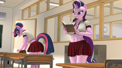 Size: 1920x1080 | Tagged: safe, artist:anthroponiessfm, derpibooru import, sci-twi, starlight glimmer, twilight sparkle, anthro, unicorn, 3d, belly, belly button, big breasts, book, breasts, busty sci-twi, clothes, female, glasses, headlight sparkle, horn, looking at someone, midriff, school, school uniform, schoolgirl, skirt, source filmmaker, starlight jiggler