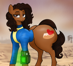 Size: 853x778 | Tagged: safe, ai content, derpibooru import, edit, editor:pizzamovies, machine learning generated, oc, oc only, oc:huniebuns, fallout equestria, clothes, female, looking at you, mare, pipbuck, pouting, solo, wasteland