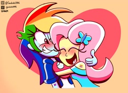 Size: 4508x3299 | Tagged: safe, artist:gordodel2006, derpibooru import, fluttershy, rainbow dash, human, equestria girls, g4, absurd resolution, bisexual pride flag, female, flutterdash, heart, hug, lesbian, lesbian pride flag, multicolored hair, pride, pride flag, rainbow hair, shipping